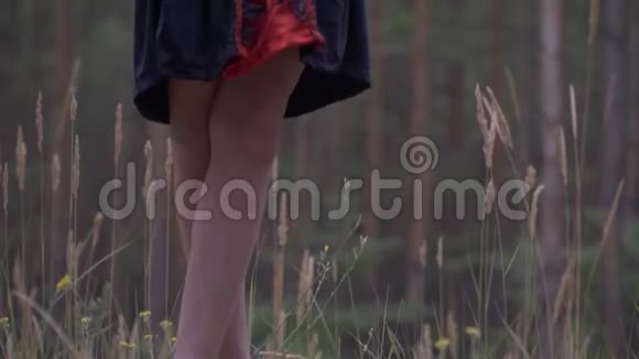 镜头从一个站在森林里的女孩光着脚站起来她的手臂上穿着红色和黑色的衣服那里有一只猫头鹰视频的预览图