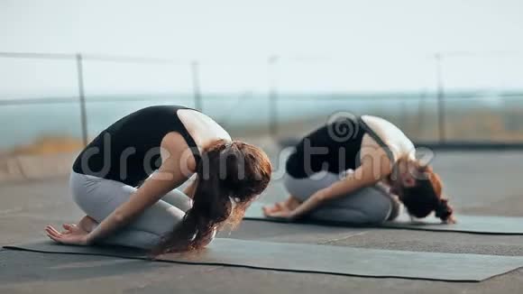 两个年轻女子在屋顶上练习瑜伽户外视频的预览图