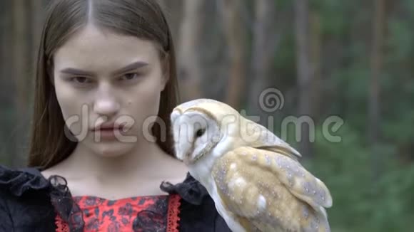 一个性感的女孩专注地看着镜头而她那浅棕色的猫头鹰环顾四周视频的预览图