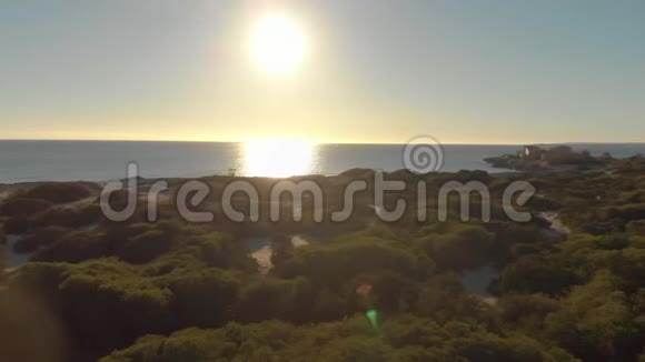 日落时在蓝天的映衬下鸟瞰美丽的海滨沙滩绿树和小建筑视频的预览图