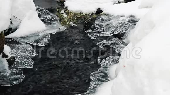 捷克森林中冰雪覆盖的冬小溪视频的预览图