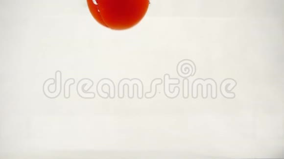 汁多的西红柿一半浸在水中有飞溅和气泡白色背景视频的预览图