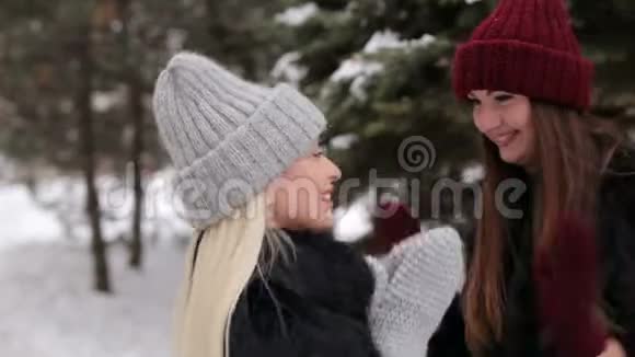 冬天公园里两个笑女孩的肖像视频的预览图
