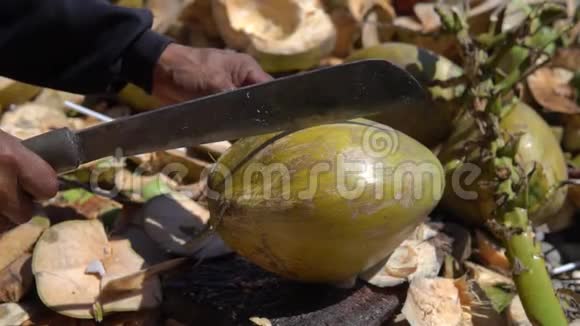 当地男子将年轻的椰子果切成两部分让人惊叹的果汁溅出视频的预览图