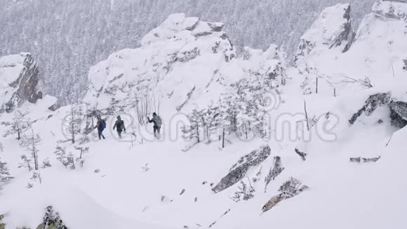 一群游客从白雪覆盖的山顶上下来视频的预览图