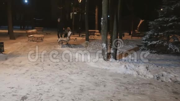 父亲在冬天傍晚的公园里用雪橇载着一个小女儿的妻子视频的预览图