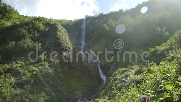 高加索山脉的瀑布周围有许多松树和灌木自然景观背景视频的预览图