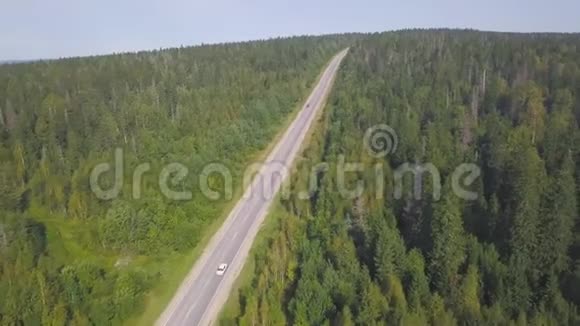 林中乡村公路上白色汽车行驶的鸟瞰图剪辑在森林道路上驾驶汽车的美丽俯视图视频的预览图