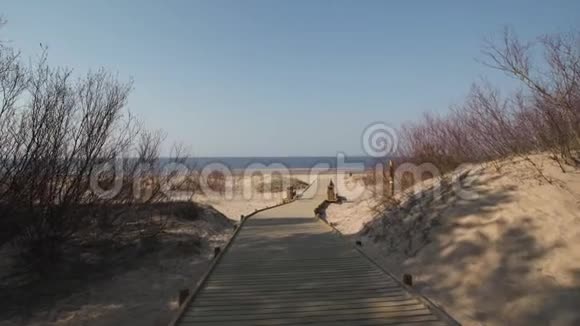 从海滩沙丘森林出发的新的木路用松树和白色送到波罗的海海湾拉脱维亚的Vecaki视频的预览图