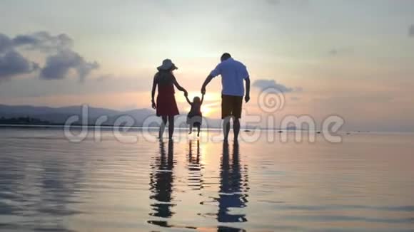 父母在日落时在海滩上摇摆婴儿视频的预览图
