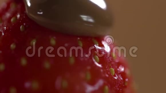 在草莓上流动的液体巧克力视频的预览图