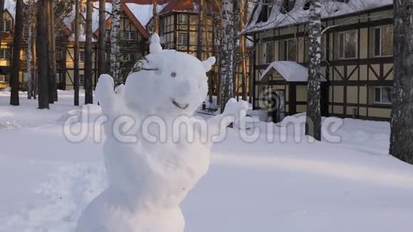 冬季村舍里的雪人特写圣诞老人视频的预览图