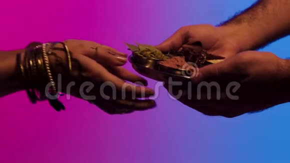 男人的手给印度女人的手一盘香料隔离在蓝色和粉红色的背景上库存快关门视频的预览图