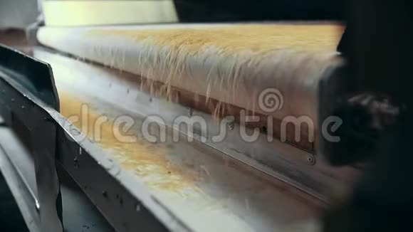 食品厂一条传送带上滚动的意大利面产品的慢速视图视频的预览图