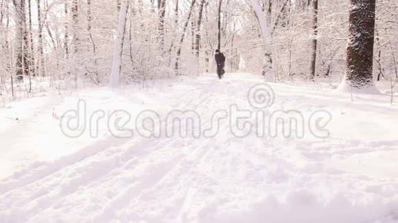 年轻活跃的爸爸在公园里拉着儿子雪橇视频的预览图