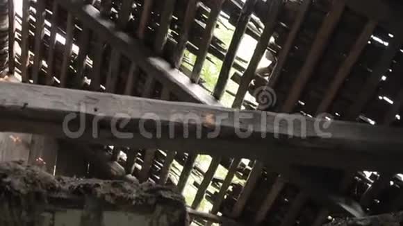 白俄罗斯村庄旧的废弃木屋屋顶被毁视频的预览图