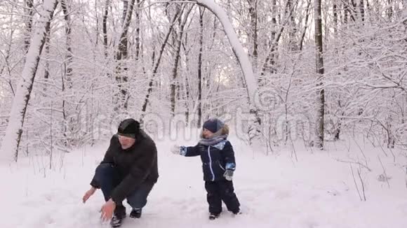 爸爸和小儿子在雪地森林里玩得很开心视频的预览图