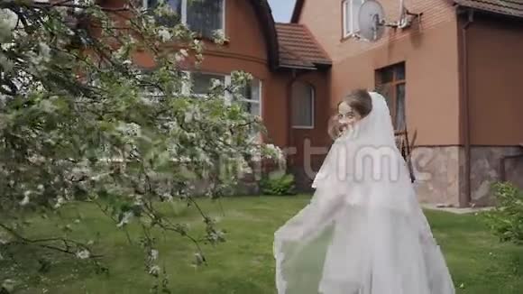快乐的新娘穿着一件白色的长裙在一个私人住宅的春天苹果园里散步婚礼日视频的预览图