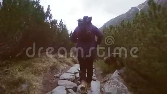 徒步旅行者在山上的石径上奔跑视频的预览图