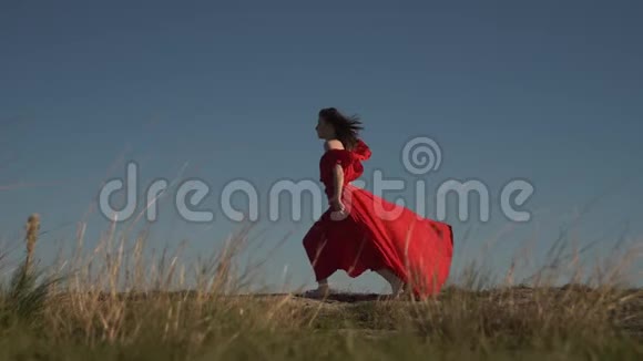 在地平线上穿着红色裙子的仙女美人视频的预览图
