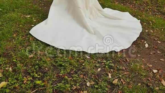 草地上新娘的婚纱特写镜头结婚纪念日视频的预览图