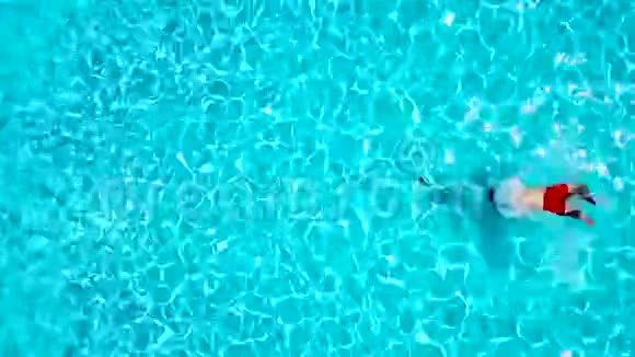 从顶部看一个人跳着潜入游泳池在水下游泳视频的预览图