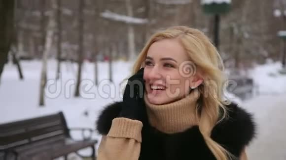 冬天公园的快乐女孩在打电话视频的预览图