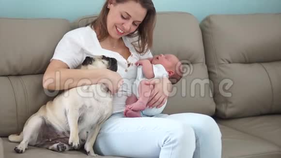 一位年轻的母亲抱着一个新生婴儿坐在沙发上附近有家狗北京人还有视频的预览图