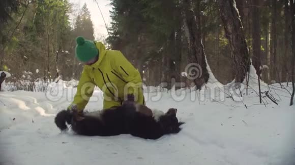 在冬天的森林里和狗玩耍的女人视频的预览图