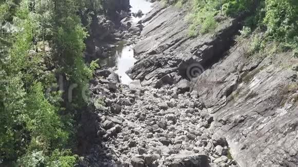 阳光明媚的一天枯干的河水在树林中的石床视频的预览图