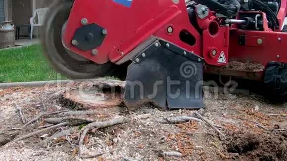 红色机器它可以去除树桩磨碎因为它在缓慢运动中取得进展视频的预览图