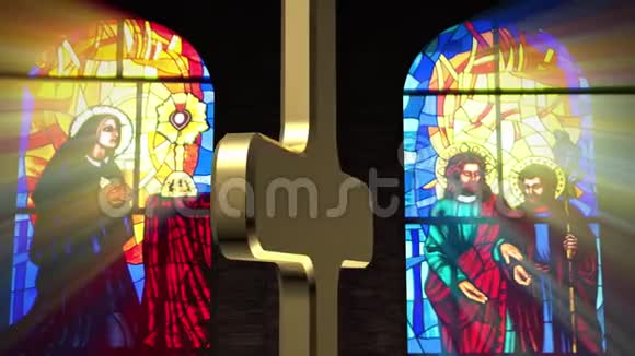 教堂彩色窗盘十字架4k视频的预览图