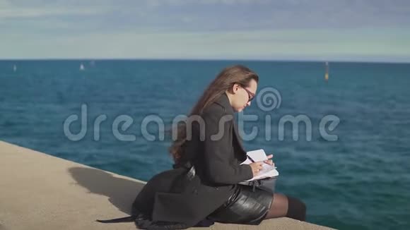 她在海边的素描书上画素描视频的预览图