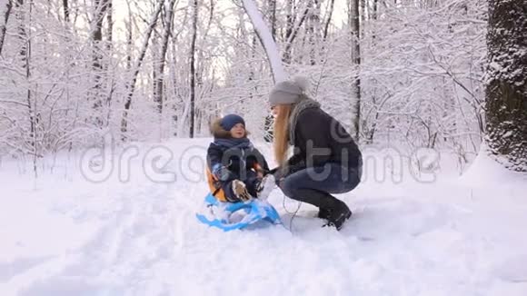 母亲带着儿子在雪域小巷里雪橇行走视频的预览图
