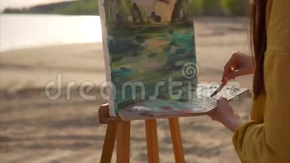 女艺术家在画架上的调色板上混合油画她就在露天视频的预览图