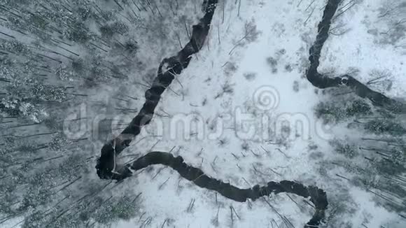 空中无人机在冬季弯曲河流上方的镜头视频的预览图
