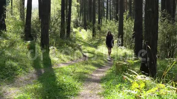 那个女孩正沿着从森林走出来的小路走视频的预览图