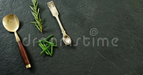 两个韭菜迷迭香金属汤匙4k视频的预览图