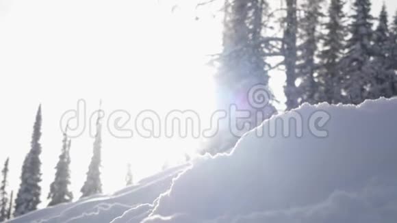 令人惊叹的冬季景观与高刺和漂移雪镜头耀斑效应在降雪期间的山脉慢慢慢慢视频的预览图