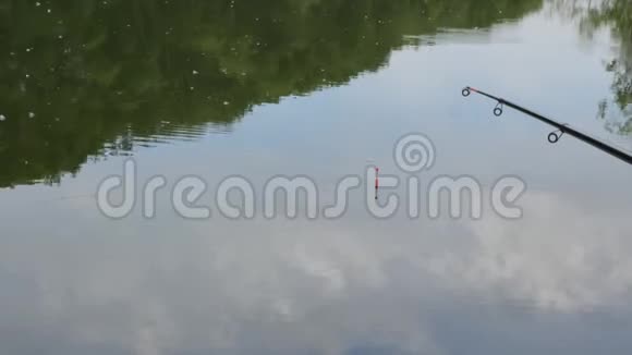 平静的湖面上等待被咬的鱼竿周末在水上云和树木在地表的反射视频的预览图