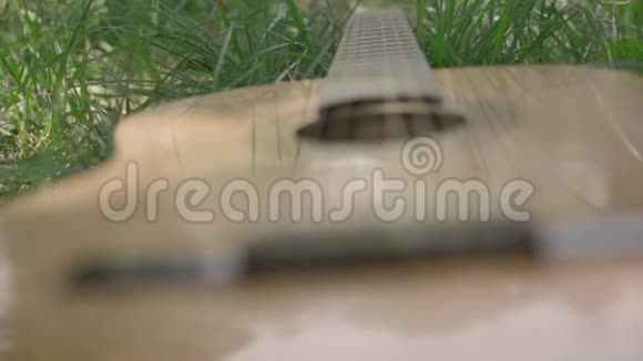 绿色草地上的声学吉他视频的预览图