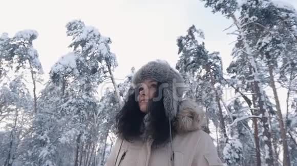 戴帽子的年轻女子正在冬天的森林里散步公园冬天一个女孩的肖像视频的预览图