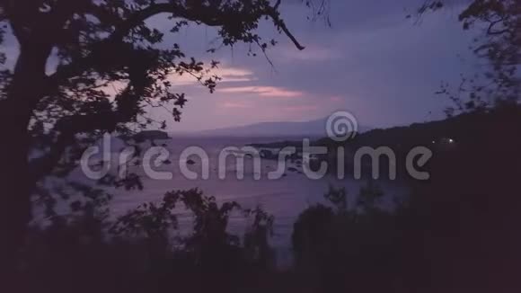 在蓝色的大海和紫色的云层上四K夕阳的空中飞过树叶视频的预览图