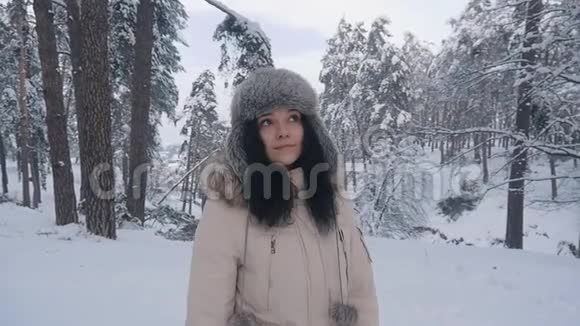戴帽子的年轻女子正在冬天的森林里散步公园冬天一个女孩的肖像视频的预览图