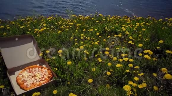 纸板箱在海岸的蒲公英披萨视频的预览图