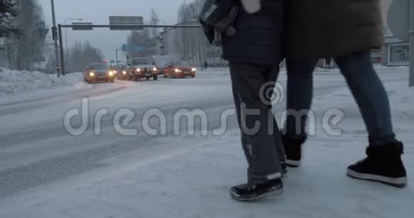 母亲带着孩子走过马路冬季射击视频的预览图