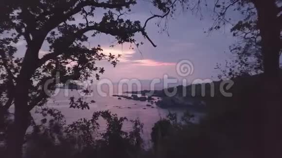 在蓝色的大海和紫色的云层上四K夕阳的空中飞过树叶视频的预览图
