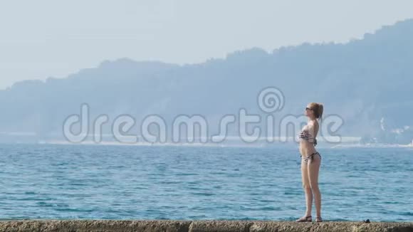 海湾中岛屿的景色远程摄影在防波堤上的女人在雾中看海岸4K慢慢地视频的预览图