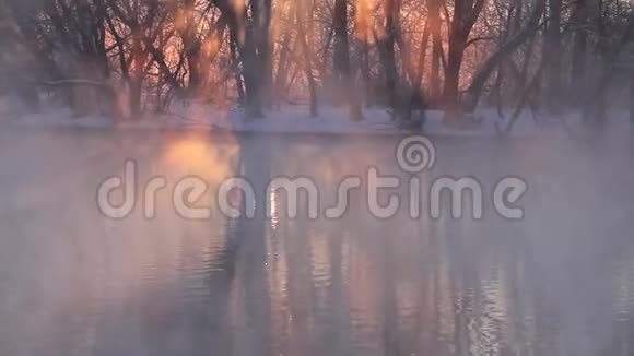 日出时河水上的冬雾视频的预览图
