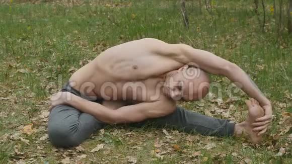 瑜伽修行者在草地上扭曲姿势冥想视频的预览图